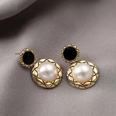 Retro Metallic Textured Big Round Pearl Drop Earrings 